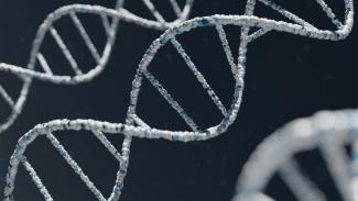 A white and blue DNA double helix structure against a dark background by Warren Umoh courtesy of Unsplash.